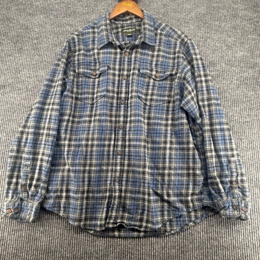 Eddie Bauer Flannel Shirt Mens XXL Blue Gray Excellent Plaid Button Down